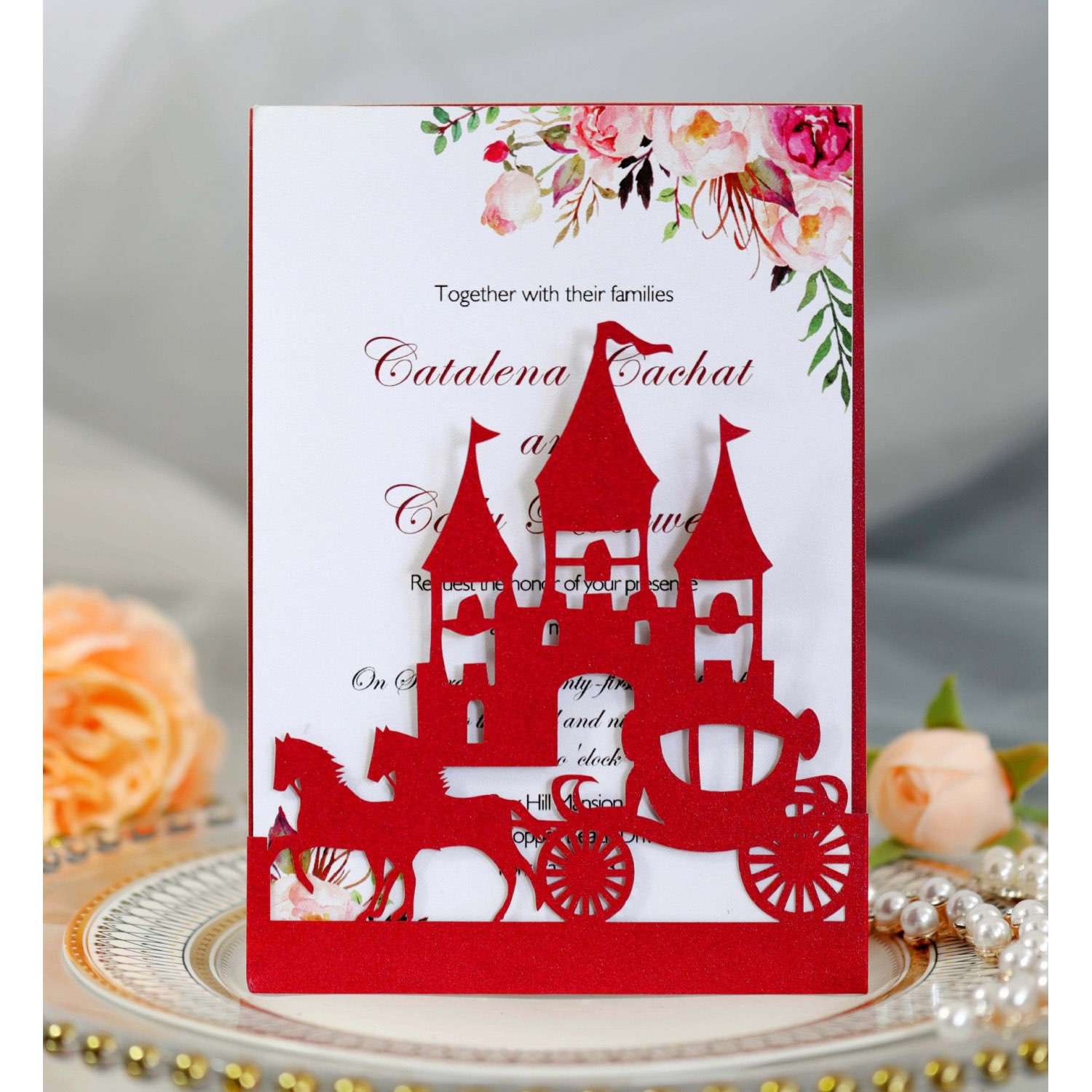 Wedding Card Design Laser Cut Castle And Carriage Invitation Iridescent  Card Greeting Card
